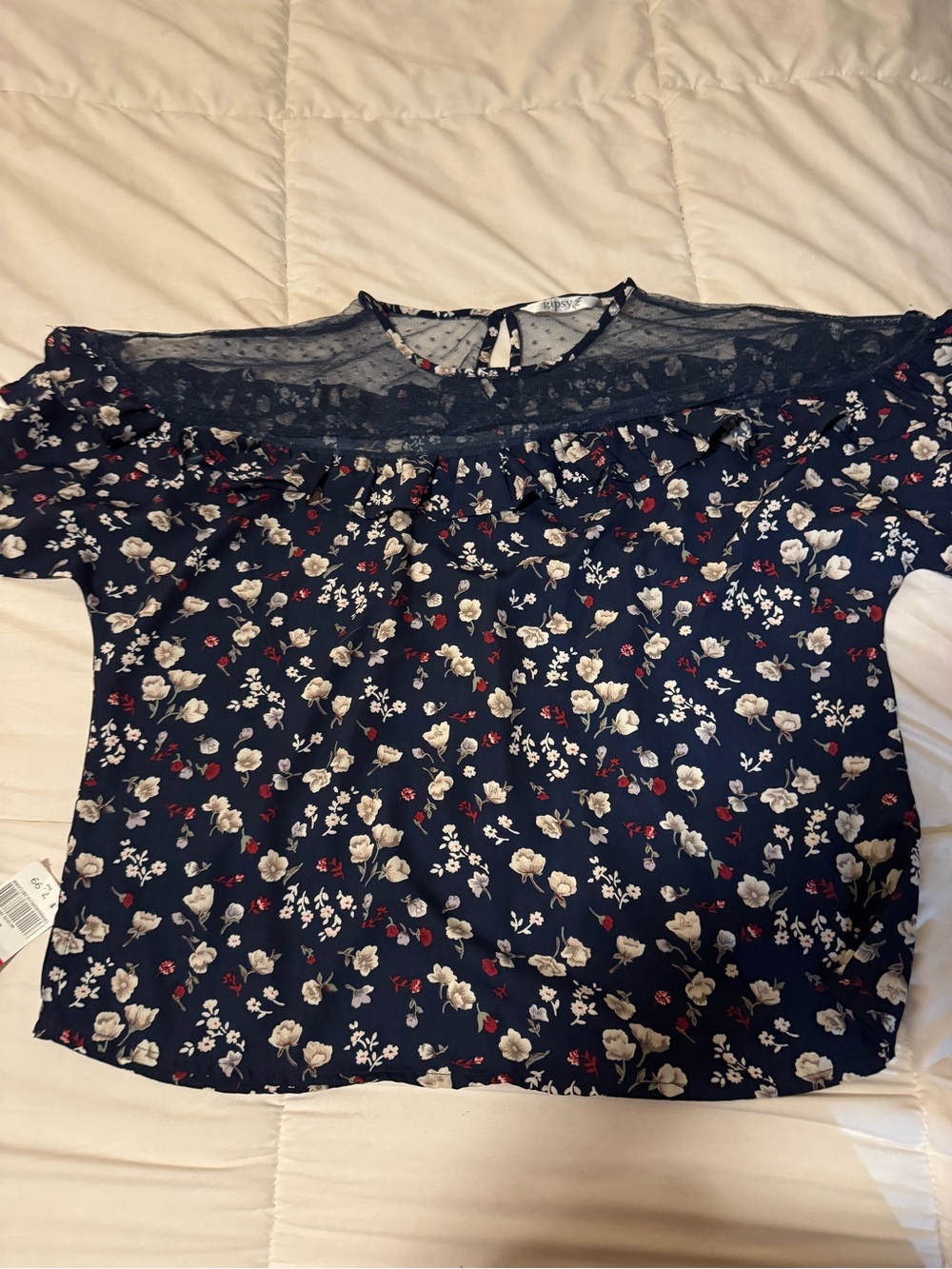 Gypsy 05 Navy Floral Lace Yoke Blouse